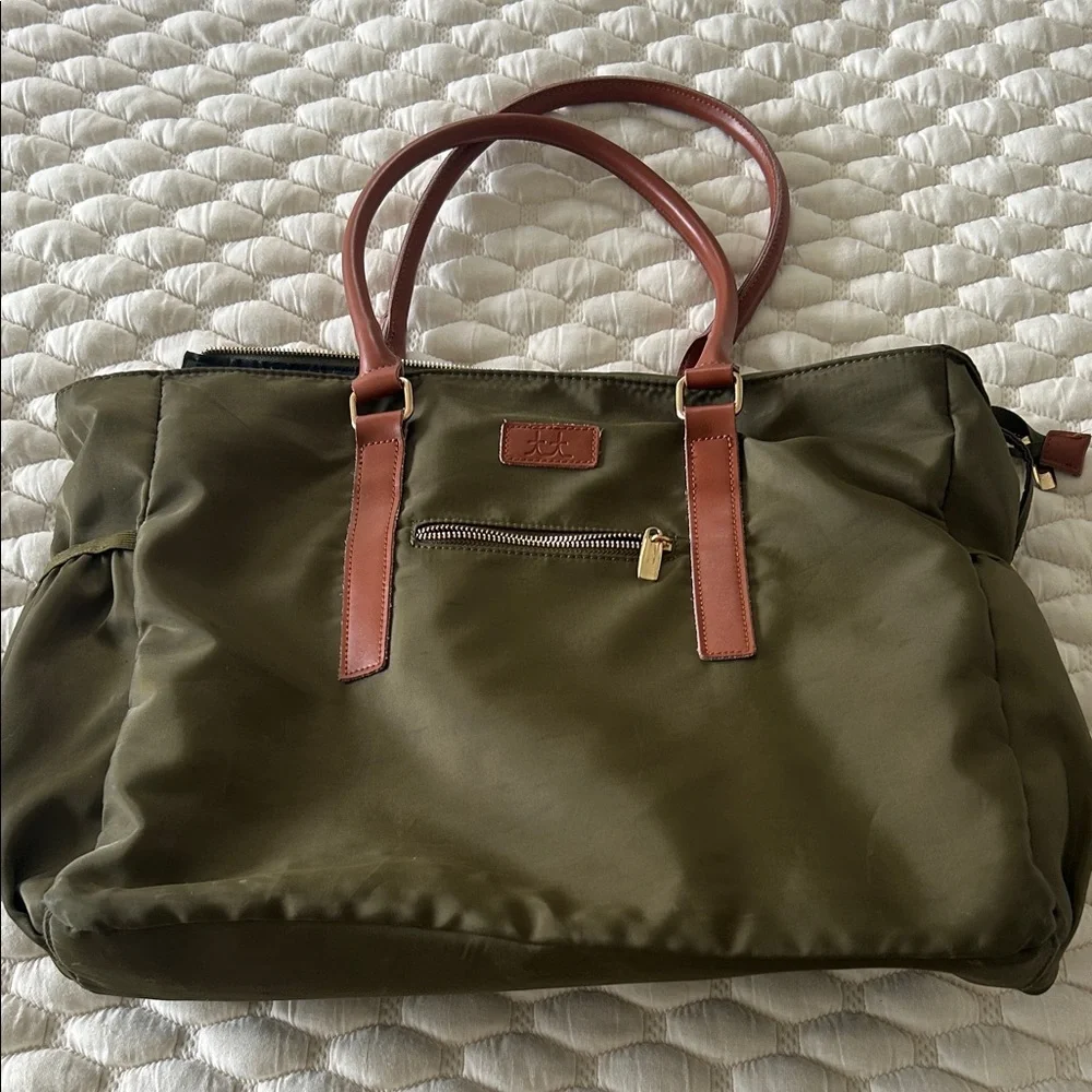 Chic Olive Tote with Brown Handles - Picture 3 of 8